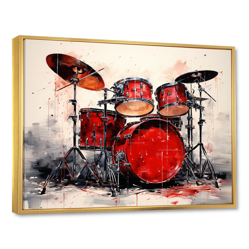 Music Drums Pulse Deep Red I - Impressions sur toile, Cadre flottant doré, H 16 po x l 32 po x P 1 po