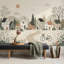 Fresque murale représentant un village de campagne et des collines ondulantes, paysage minimaliste scandinave-1901009431-1901009433