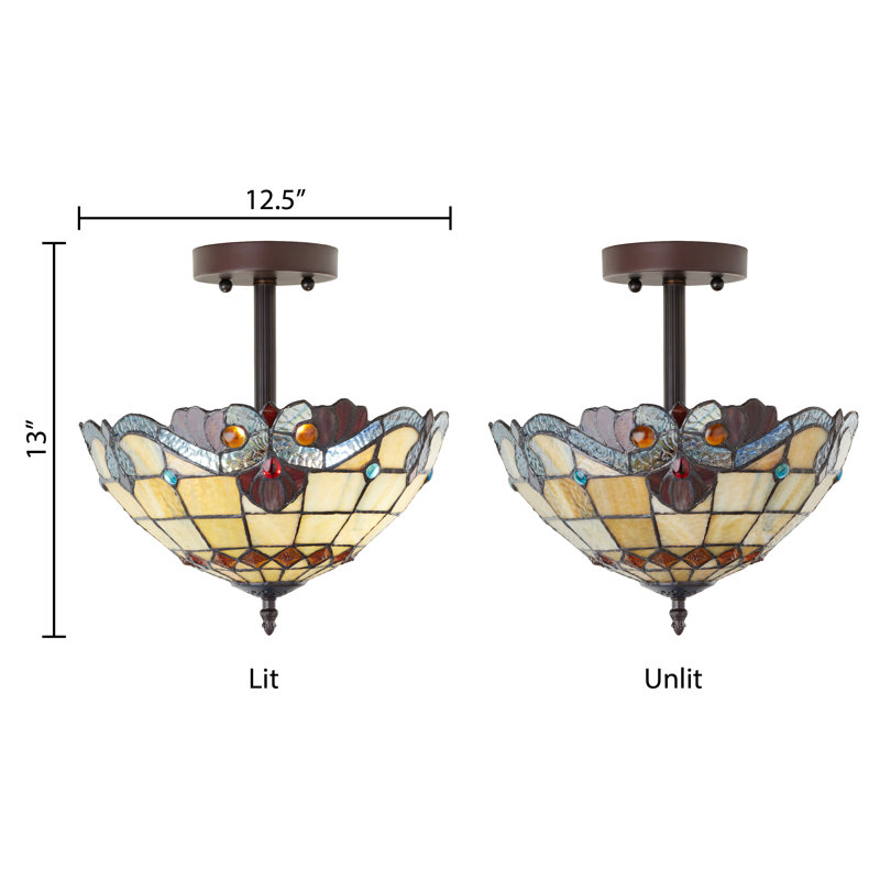 13"H Amelia Blue And Amber Stained Glass Shade Traditional Semi-Flushmount Ceiling Light, Red