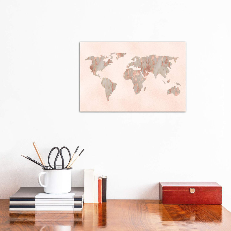 «World Map Rose Gold», reproduction sur toile flottante, H 12 po x l 18 po x 1,5 po, Toile tendue