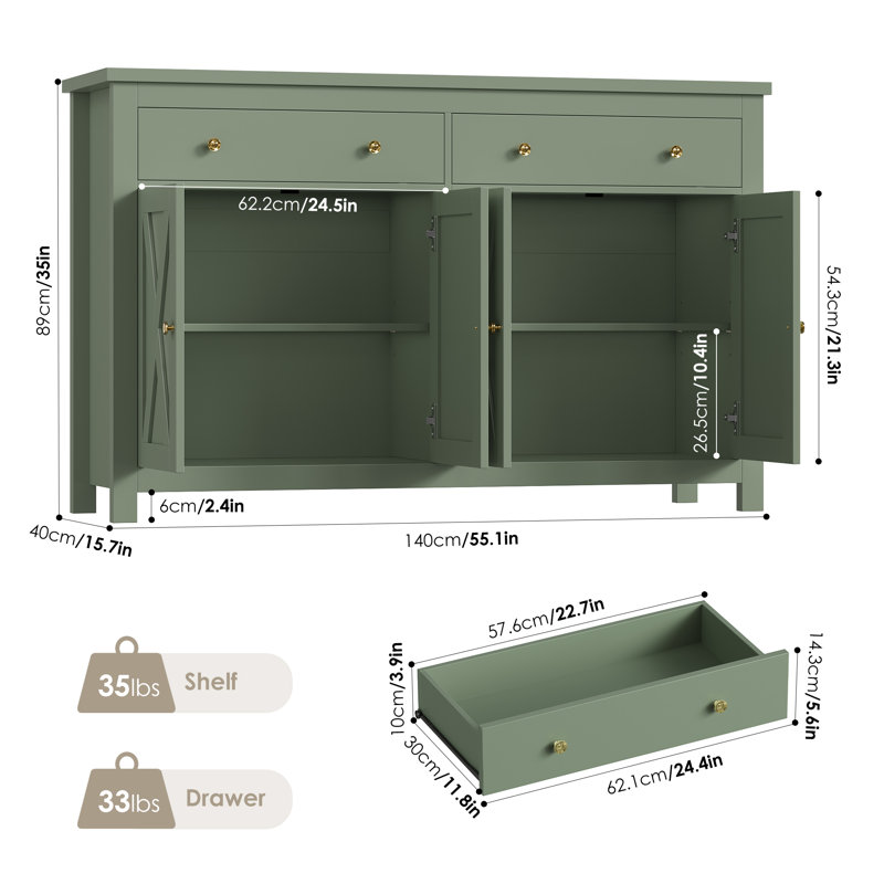 Buffet 2 tiroirs 55,1 po de largeur, Vert