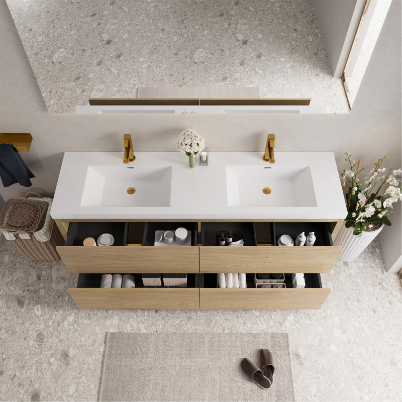 Meuble-lavabo autoportant de 72 po avec double lavabo, meuble-lavabo avec comptoir en résine de pierre et tiroirs à fermeture en douceur