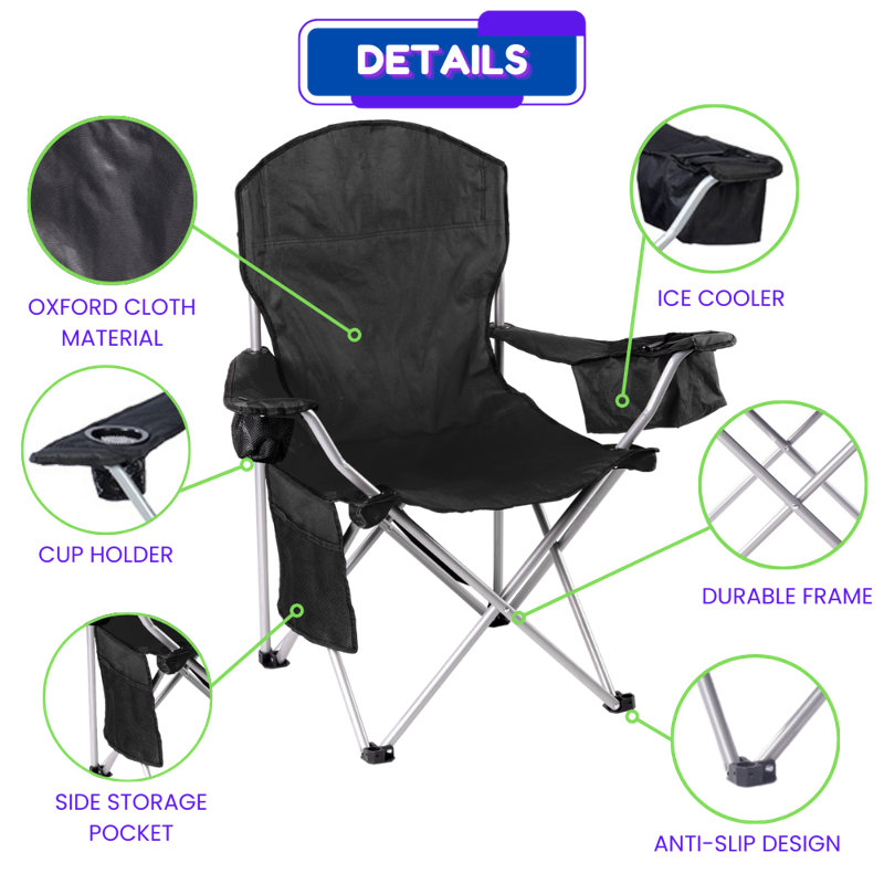 2-Pack of Camping Chairs With Built-in Mini Ice Cooler, Storage Pocket, Cup Holder, Carry Bag Perfect For Camping, Tailgating, Fishing, Beach, And Lawn