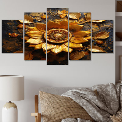 Abstrait Golden Sunflower Glam Blooming I - Impression sur toile tournesol - 5 panneaux