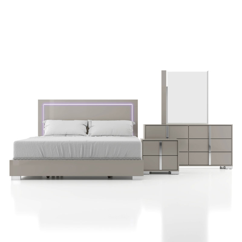 Ensemble de chambre Duckworth, Grand, Gris taupe, 6 Pcs: Bed, 2 Nightstands, 2 Dressers, Mirror