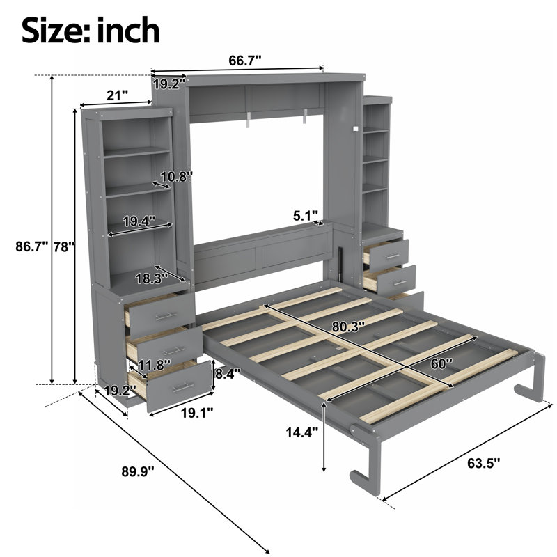Grand lit escamotable avec tablettes de rangement et tiroirs, gris, Grand lit