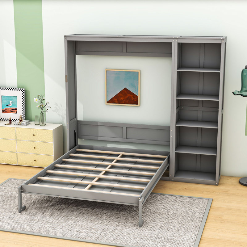 Lit escamotable en bois avec tablettes, conception pliable peu encombrante, Blanc, Grand lit