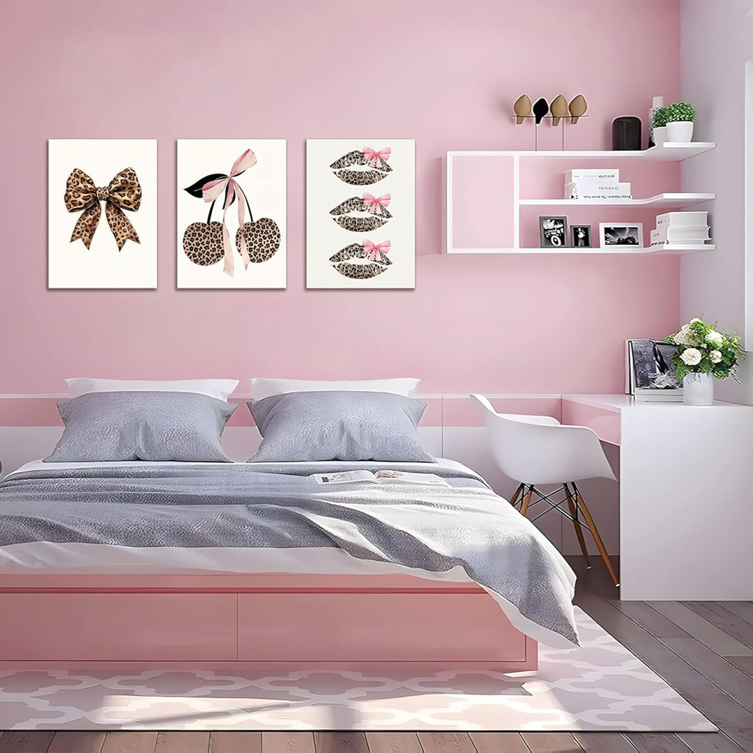 Leopard Bow Wall Art Set Of 3, Kiss Lips Canvas Posters Prints, Funky Leopard Cherry Pink Bow Wall Decor, For Bedroom Apartment Dorm Room Decor Aesthe