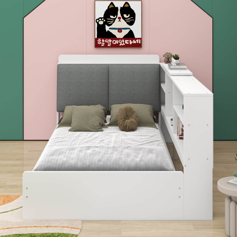 Lit plateforme simple avec tête de lit, tablettes et tiroirs de rangement, Blanc