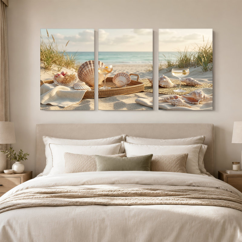 Ensemble de 3 toiles de coquillages et de cocktails sur la plage de sable, 24"H x 16"W x 3pcs
