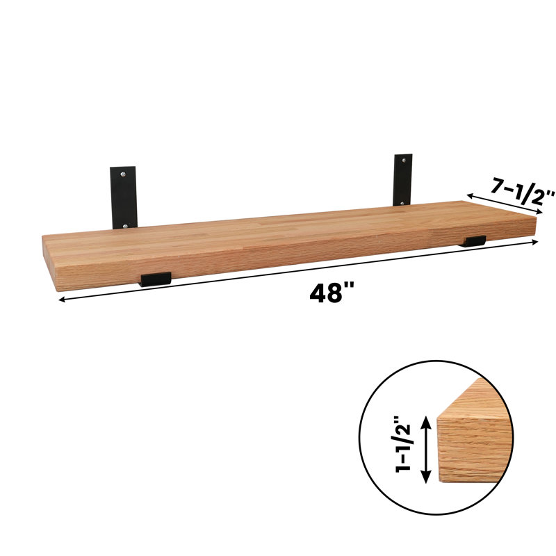Oak Floating Shelf, 1.5" H x 48" W x 7.5" D, Oak Wood