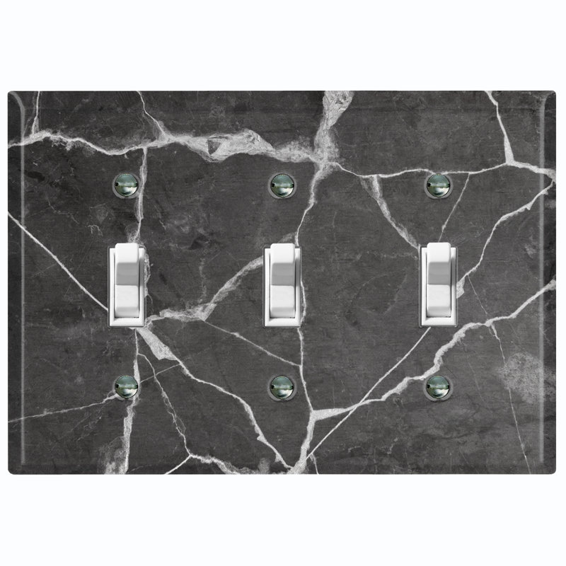 Marble Black Print 5 Patterned 3 - Gang Toggle Light Switch Standard Wall Plate, Navy
