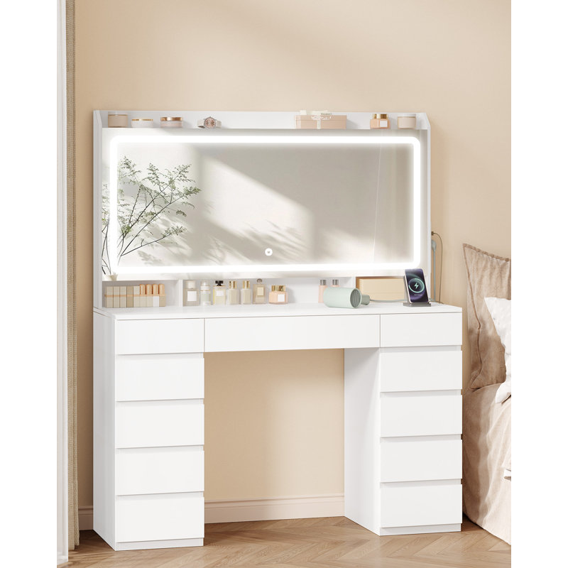 Dressing Table, Vanity Desk with Power Strip, Vanity Table with Mirror and Lights, Adjustable Brightness, Makeup Desk with 11 Drawers, 3 Storage Compartments for Bedroom