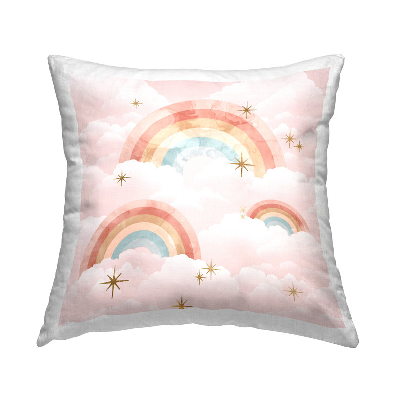 Coussin Magical Rainbow Pink Fluffy Clouds Gleaming Stars, par Daphne Polselli