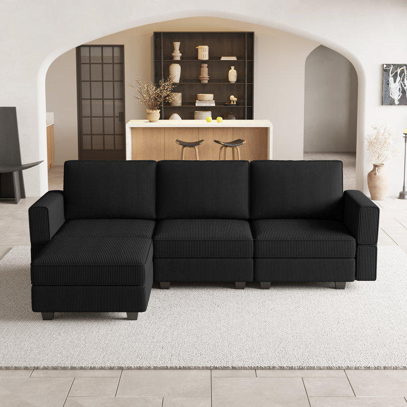 Corduroy 3-Seat Couch Modular Small Sofa, Comfy Upholstered Sofa For Living Room, Apartment, Office, Black Corduroy