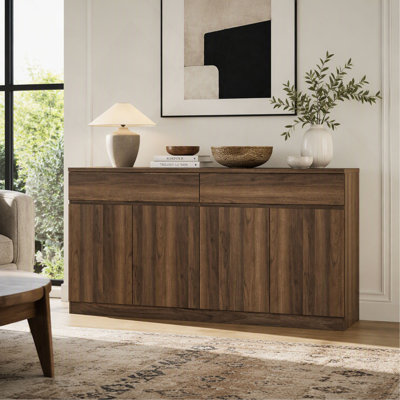 63.1 Inch Sideboard Buffet Cabinet with 2 Drawers and 4 Doors, Large Kitchen Storage and Coffee Bar Buffet Table in Walnut Finish for Dining Room