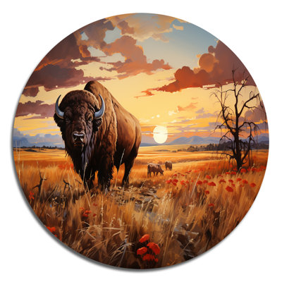 Native American Art Bison Prairies I - People Round Metal Decor