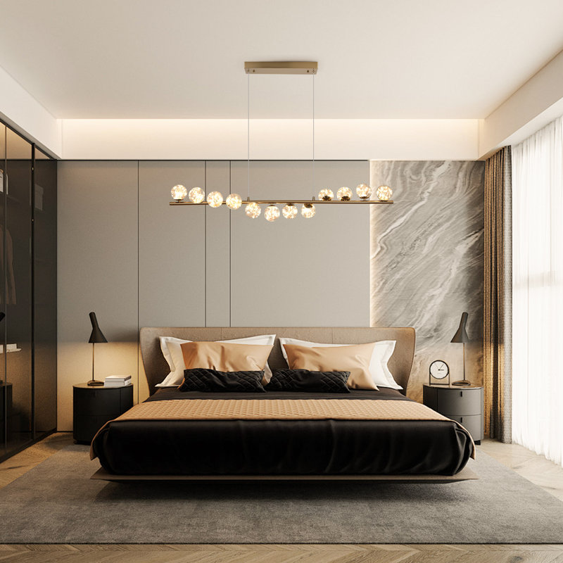 12 - Light LED Dimmable Linear Kitchen Island Pendant with Remote Control Included, Gold