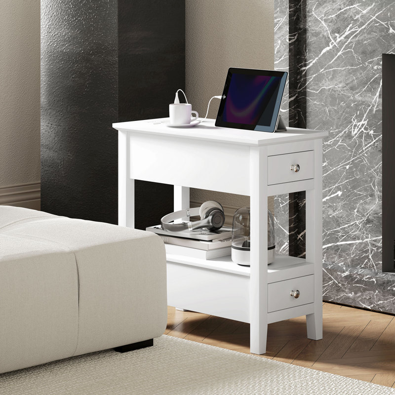 Table de bout avec station de charge Ports USB Table d'appoint avec rangement, Blanc