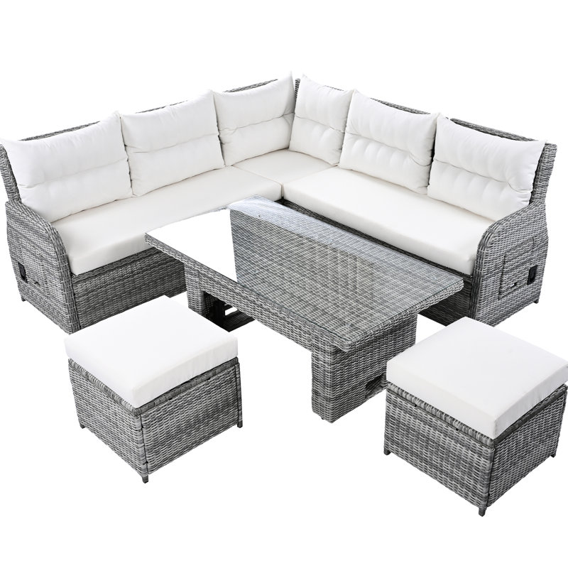 Mobilier d'extérieur beige avec repose-pieds et tables inclinables
