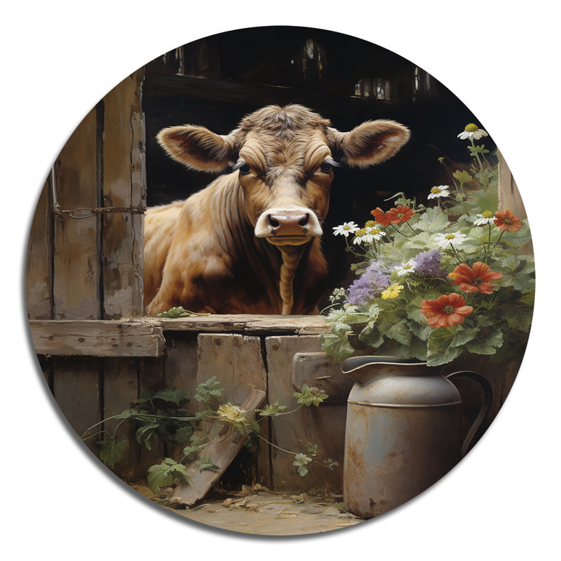 Vache, charme rustique III - animaux, art en métal rond, H 16 po x l 16 po