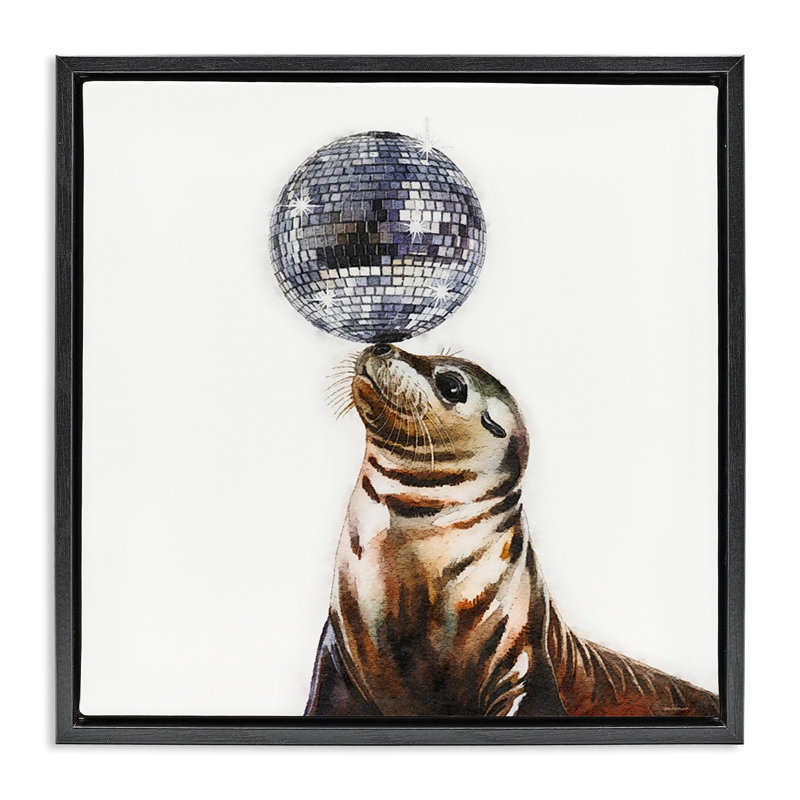 Cadre flottant Seal Balancing Disco Ball, design par Amanda Greenwood, Cadre flottant noir de jais, H 18 po x l 18 po