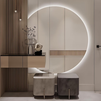 Miroir de salle de bain demi-lune rond à DEL pour mur, miroir à DEL irrégulier de 48 po avec anti-buée, 3 couleurs ajustables, à intensité variable, miroir de maquillage semi-circulaire pour salle de bain, antidéflagrant
