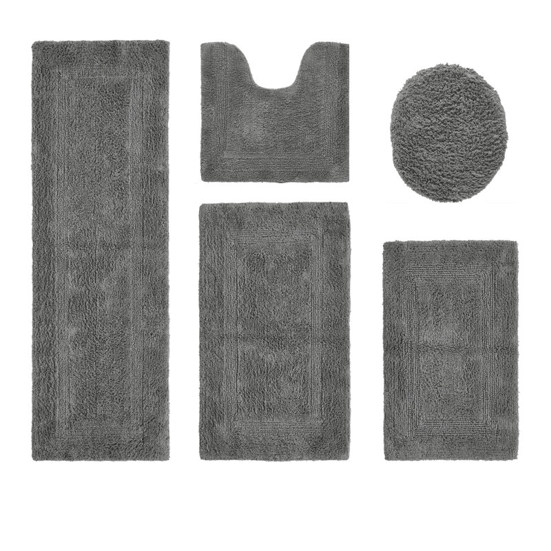 Lux Premium 2370 GSM 100% Cotton 5 Piece Bath Rug Sets, Machine Washable, Super Absorbent & Tufted Weave Reversible Bath Mat for Bathroom, Shower, and Tub, Oeko-Tex Certified Bathroom Rugs, Gray
