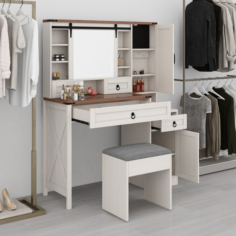 Complete Farmhouse Vanity Furniture Set with Sliding Mirror and Lights, Glass Top, Charging Station, 4 Drawers, 2 Cabinets and Stool