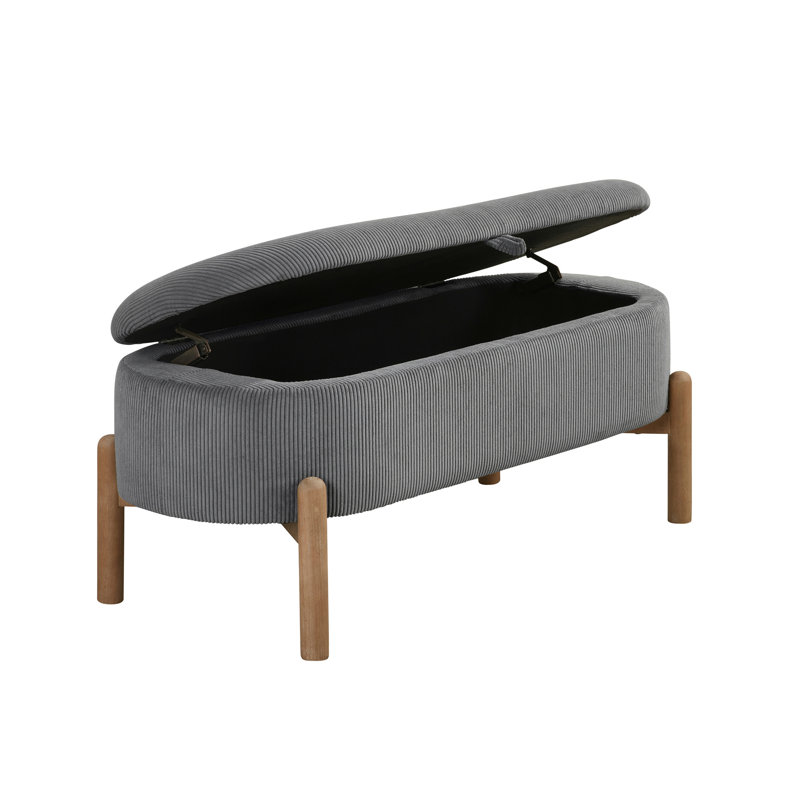 Storage Bench Cushioned Seat Corduroy Upholstery Lift Top Solid Wood Legs 1pc, Gray