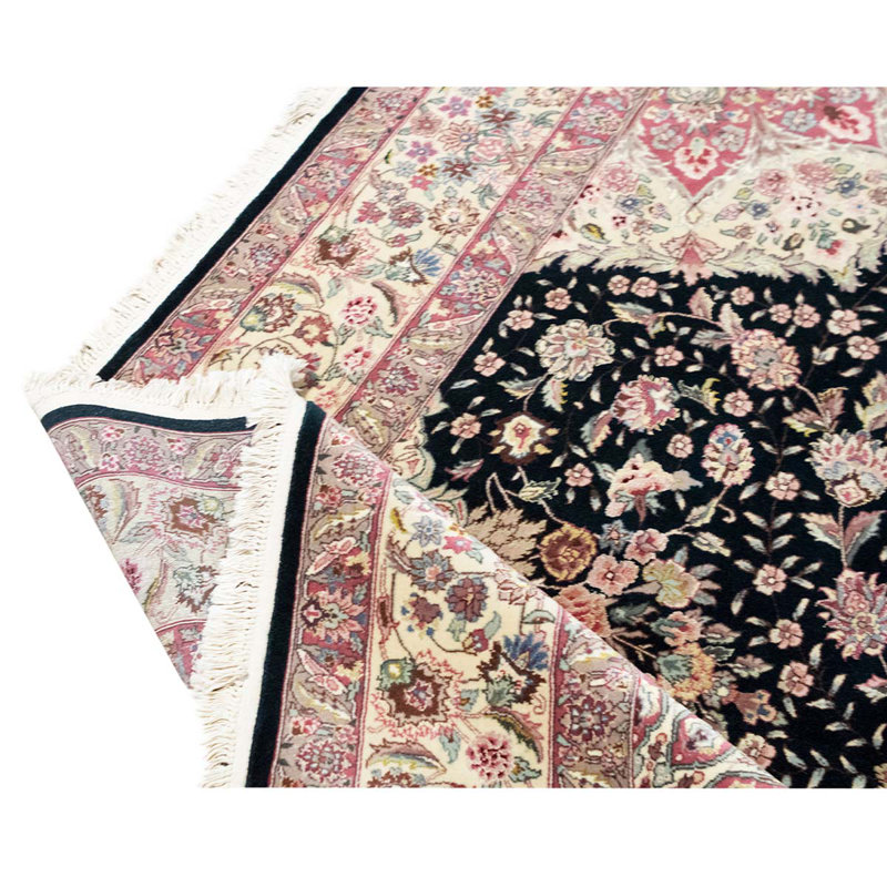 Hand-Knotted Black and Beige Wool Silk Medallion Rug 8' x 10'