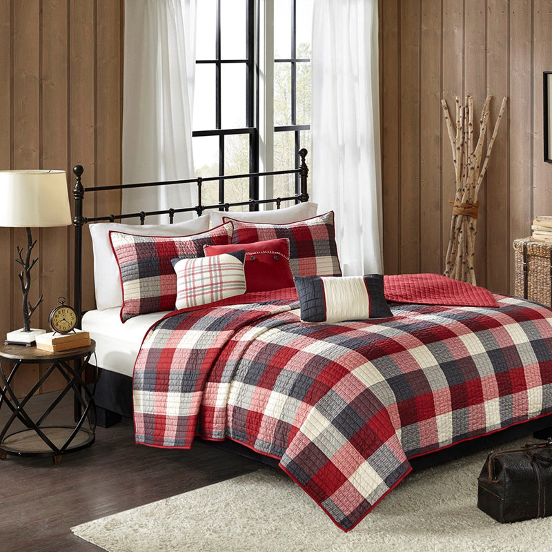 6 pièces courtepointe rouge à chevrons avec coussins décoratifs pour lit, motif à carreaux Buffalo, matériau, broderie cousue à la main sur des coussins décoratifs, aspect matelassé Channel, tissu écossais, chevrons,