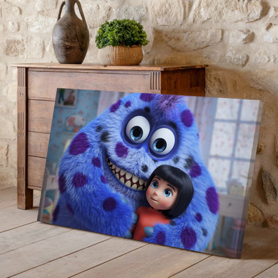 Reproduction d'art sur toile, "Une scène fantaisiste et réconfortante" avec un grand monstre bleu moelleux avec des taches mauves berçant doucement une petite toile