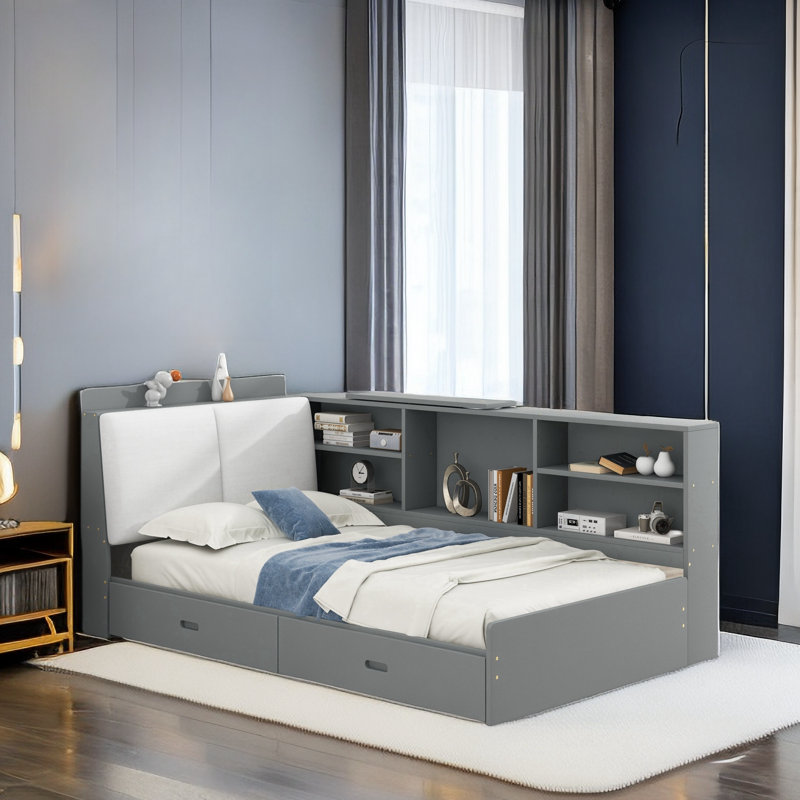 Lordina Bed with Upholstered Storage Headboard, Side Shelves and A Rotating Board, Grey