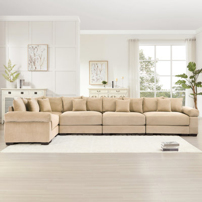 Canapé modulaire convertible avec dimensions surdimensionnées, assise profonde, 16 coussins décoratifs, velours côtelé de haute qualité, mobile pour se détendre, assise très large modulaire à 5 sièges Camel, densité et base,