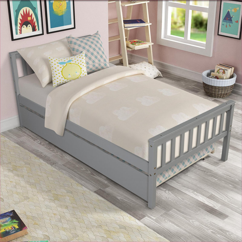 Twin Size Solid Pine Wood Platform Bed Frame, Classic Gray, With Pull-Out Trundle, No Box Spring Needed, For Small Bedroom Spaces