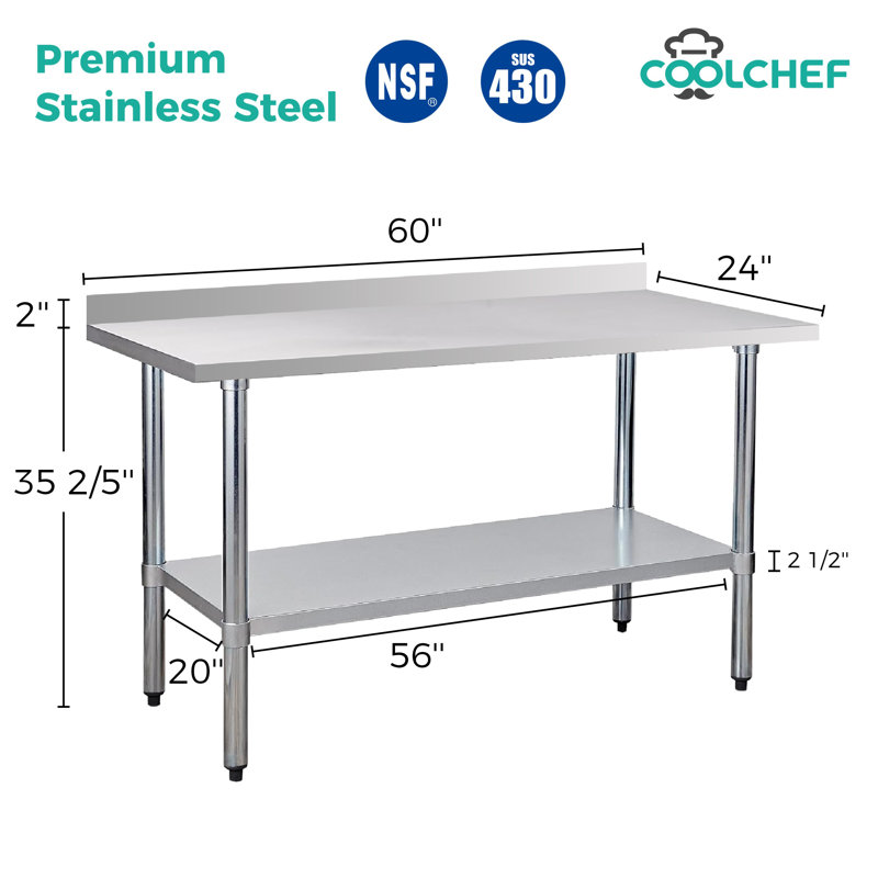 Table de travail commerciale 24 po x 60 po en acier inoxydable de calibre 18, H 35,5 po x L 60 po x l 24 po