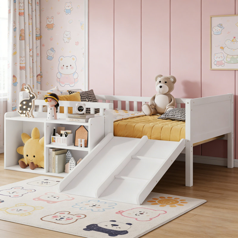 Low Loft Bed For Kids With Slide, Movable Bookshelf Storage, And Full-Length Guardrails, White