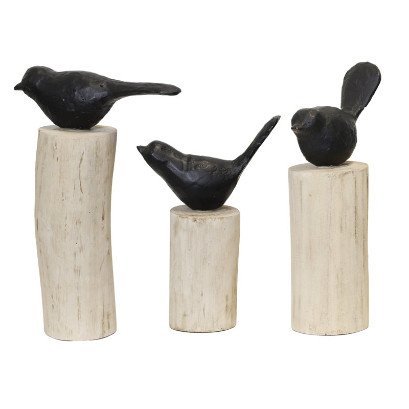 Wood Birds On Stumps - Natural/Black - Set of 3