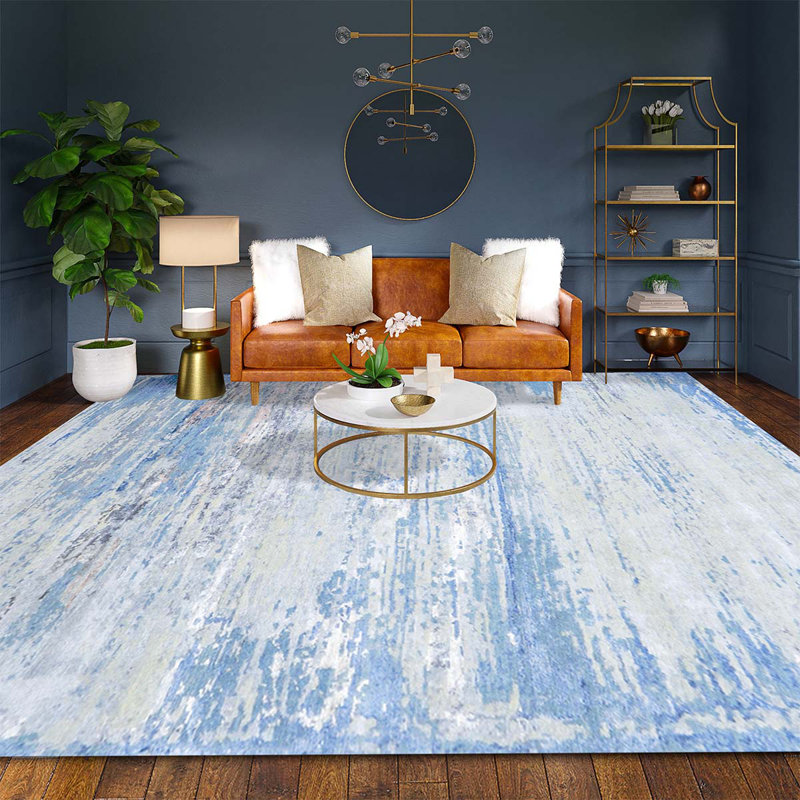 Tapis tissé à la main en argent / bleu, Rectangle 7 pi 9 po x 9 pi 9 po