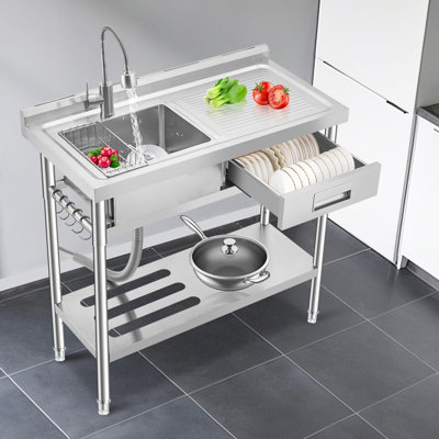 Évier utilitaire autoportant en acier inoxydable avec établi, évier simple commercial avec robinet d'eau chaude et froide
