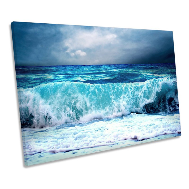 Stormy Beach Wave Seascape Blue - Wrapped Canvas Print, 61cm H x 91.4cm W x 4cm D