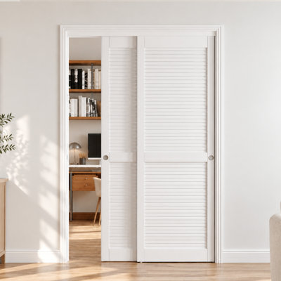 Porte de placard coulissante - Portes coulissantes en panneau de fibres à densité moyenne avec persiennes et poignées coulissantes