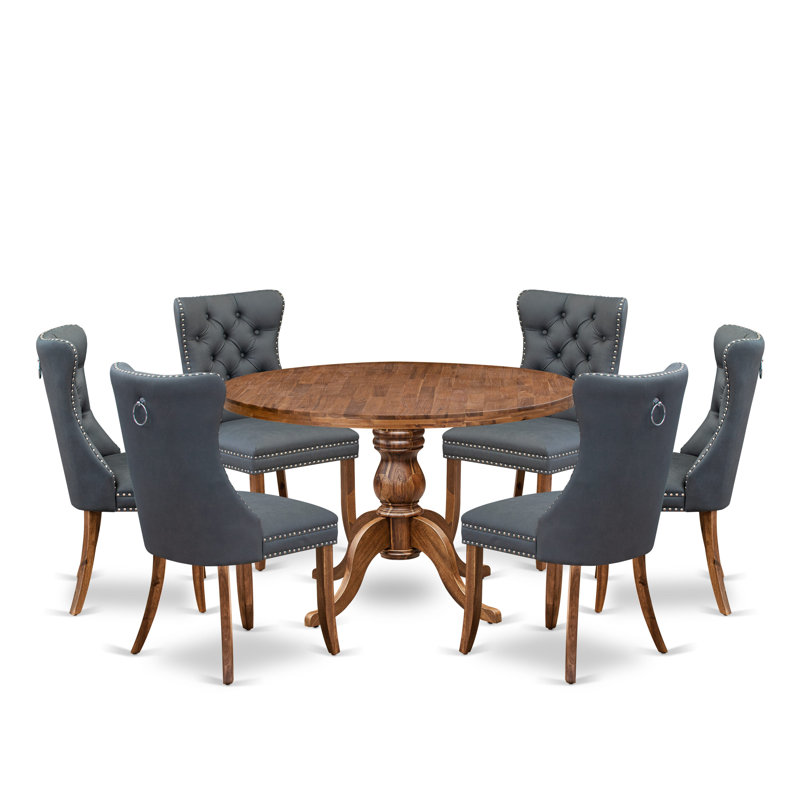L'ensemble de table à manger 7 pièces se compose d'une table et de 6 chaises de salle à manger en tissu de polyester gris platine avec dossier capitonné - Finition noyer antique