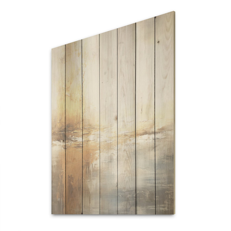 «Modern Coastal Beige and Gold River I», art mural en bois océan côtier sur bois de pin naturel, H 40 po x l 30 po