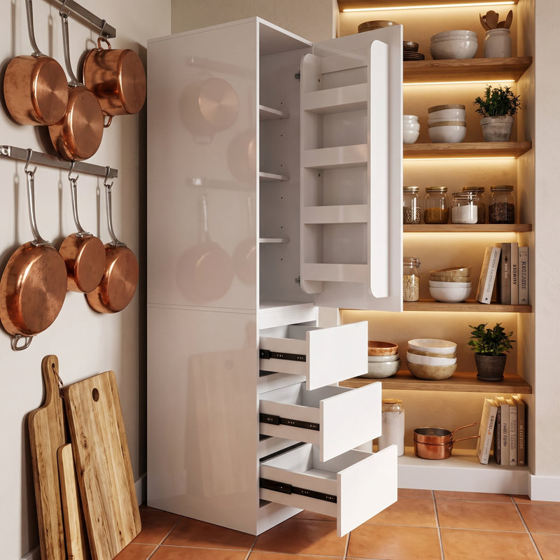 Grand garde-manger autoportant moderne avec 3 tablettes, 4 portes et 3 tiroirs pour la cuisine, la salle à manger ou le salon