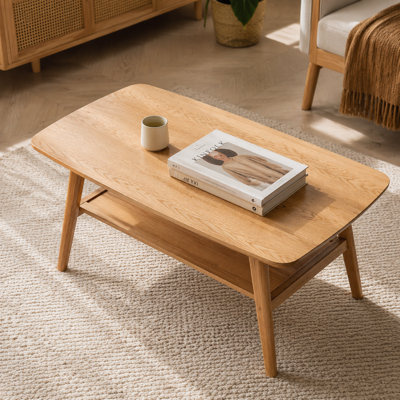 Table basse 100% bois massif avec tablette de rangement, table centrale en bois de chêne, bureau multifonctionnel pour bureau et bureau personnel