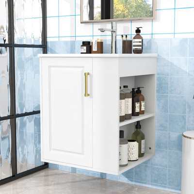 Meuble-lavabo mural moderne à faible encombrement avec rangement spacieux et porte à fermeture douce
