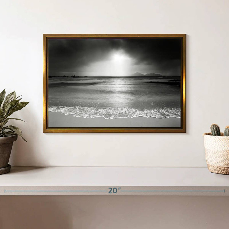 Black And White Beach, Floating Frame Gold, 13" X 9"