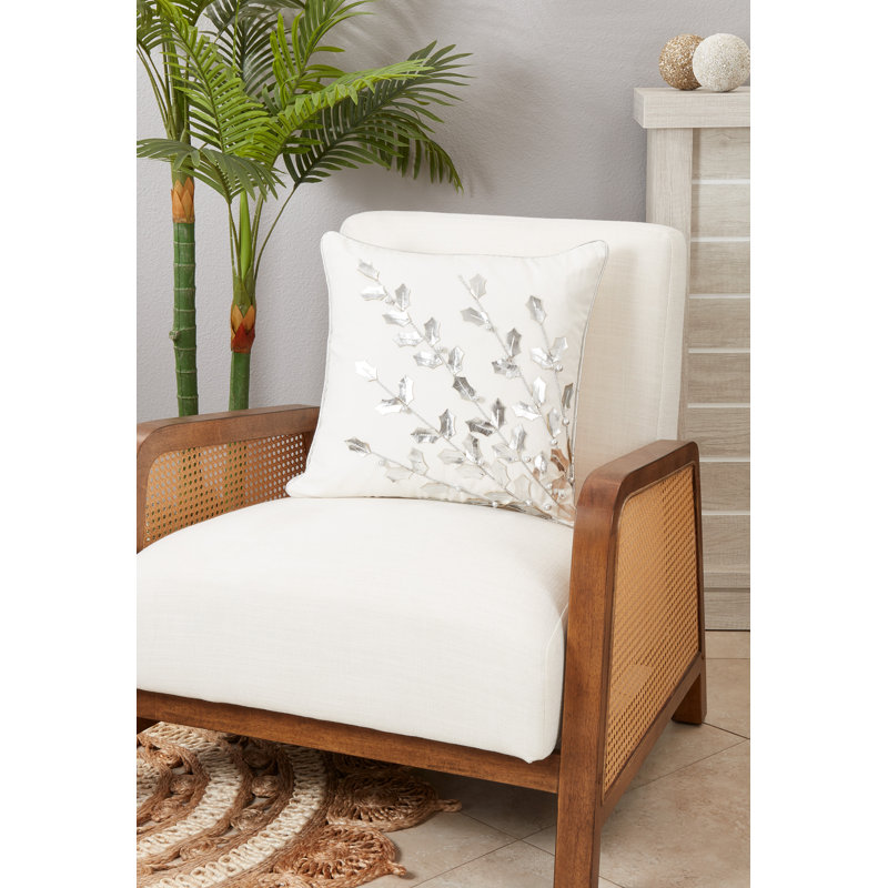 Silver Metallic Poinsettia Branch Holiday Throw Pillow